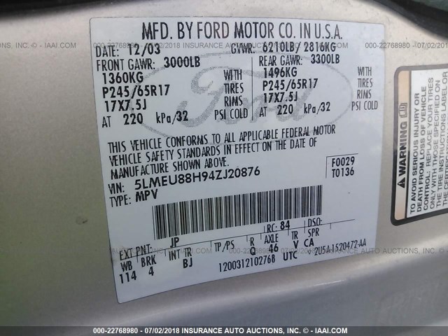 5LMEU88H94ZJ20876 - 2004 LINCOLN AVIATOR 银色 照片 9