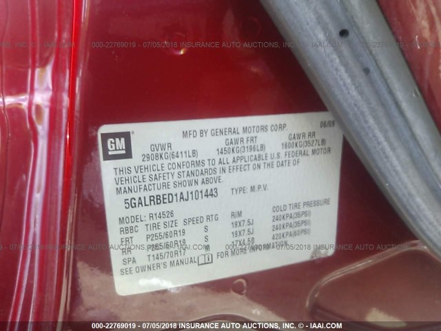 5GALRBED1AJ101443 - 2010 BUICK ENCLAVE CXL RED photo 9