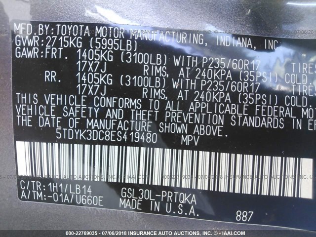 5TDYK3DC8ES419480 - 2014 TOYOTA SIENNA XLE/LIMITED GRAY photo 9