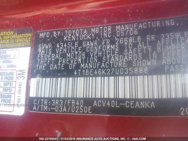 4T1BE46K27U035888 - 2007 TOYOTA CAMRY NEW GENERAT CE/LE/XLE/SE RED photo 9