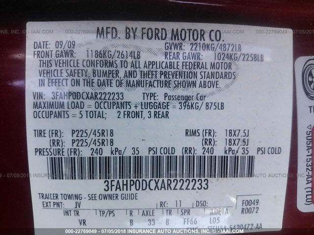 3FAHP0DCXAR222233 - 2010 FORD FUSION SPORT RED photo 9