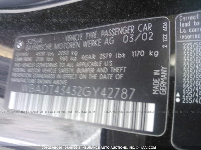 WBADT43432GY42787 - 2002 BMW 525 I AUTOMATIC BLACK photo 9