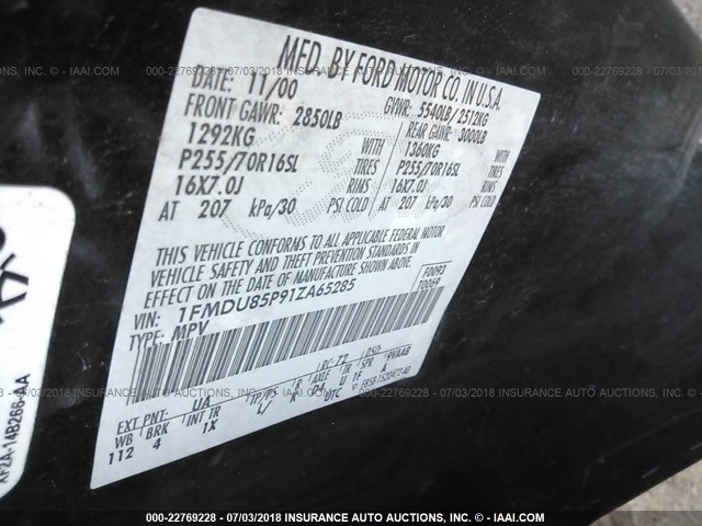 1FMDU85P91ZA65285 - 2001 FORD EXPLORER LIMITED 黑色 照片 9