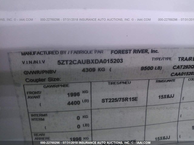 5ZT2CAUBXDA015203 - 2013 FOREST RIVER COACHMEN CATALINA  白色 照片 9