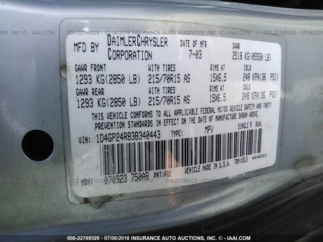 1D4GP24R83B340443 - 2003 DODGE GRAND CARAVAN SE BLUE photo 9