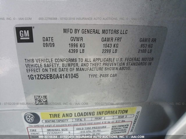 1G1ZC5EB0A4141045 - 2010 CHEVROLET MALIBU 1LT SILVER photo 9