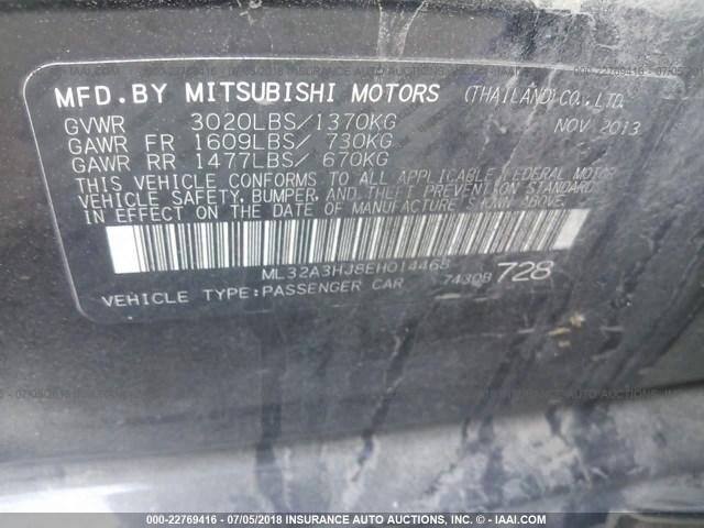 ML32A3HJ8EH014468 - 2014 MITSUBISHI MIRAGE DE BLACK photo 9
