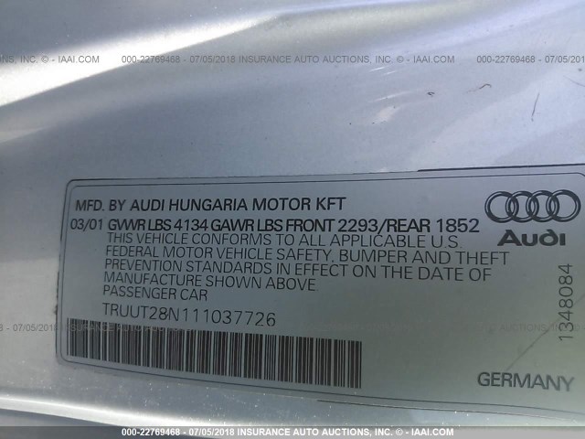 TRUUT28N111037726 - 2001 AUDI TT QUATTRO GRAY photo 9