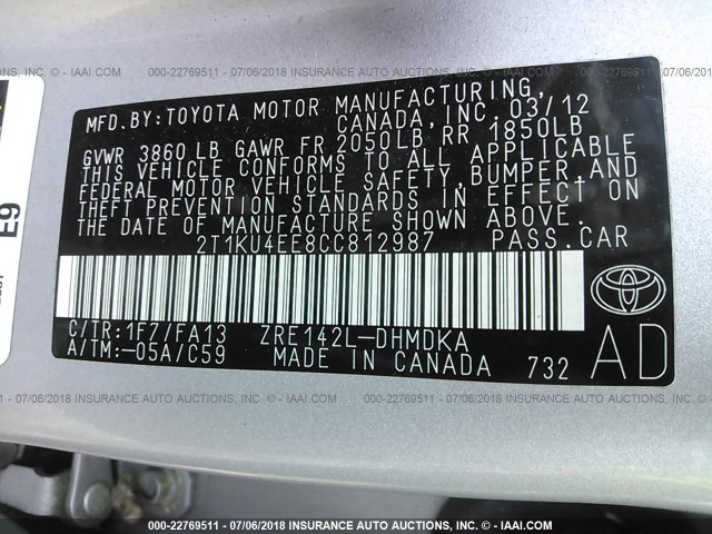 2T1KU4EE8CC812987 - 2012 TOYOTA COROLLA MATRIX  SILVER photo 9