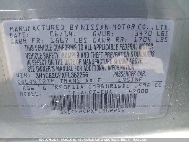 3N1CE2CPXFL362256 - 2015 NISSAN VERSA NOTE S/S PLUS/SV/SL/SR GRAY photo 9