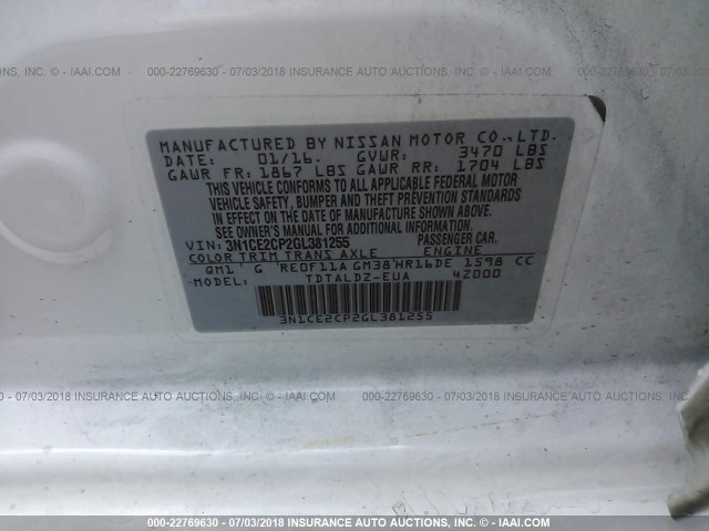 3N1CE2CP2GL381255 - 2016 NISSAN VERSA NOTE S/S PLUS/SV/SL/SR WHITE photo 9