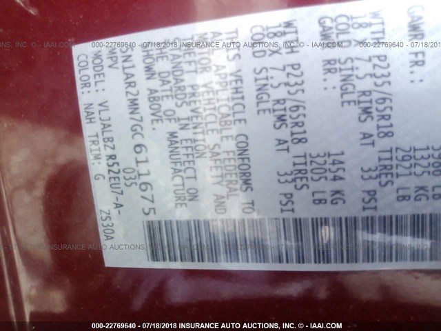 5N1AR2MN7GC611675 - 2016 NISSAN PATHFINDER S/SV/SL/PLATINUM 红色 照片 9