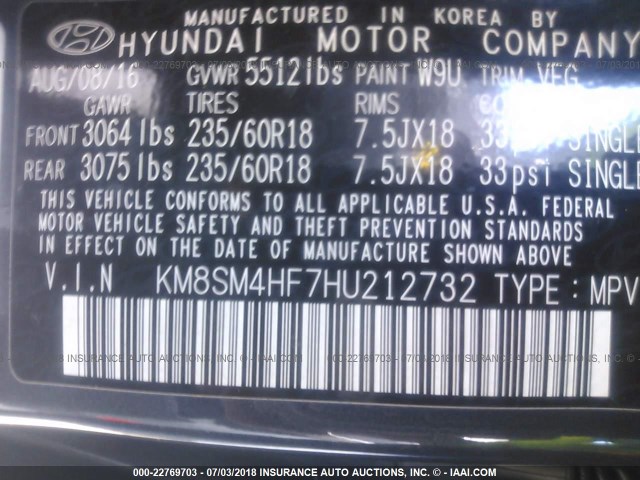 KM8SM4HF7HU212732 - 2017 HYUNDAI SANTA FE SE GRAY photo 9