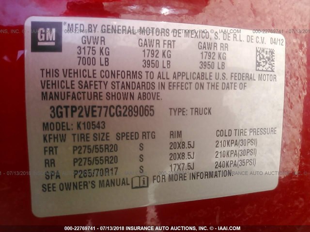 3GTP2VE77CG289065 - 2012 GMC SIERRA K1500 SLE RED photo 9