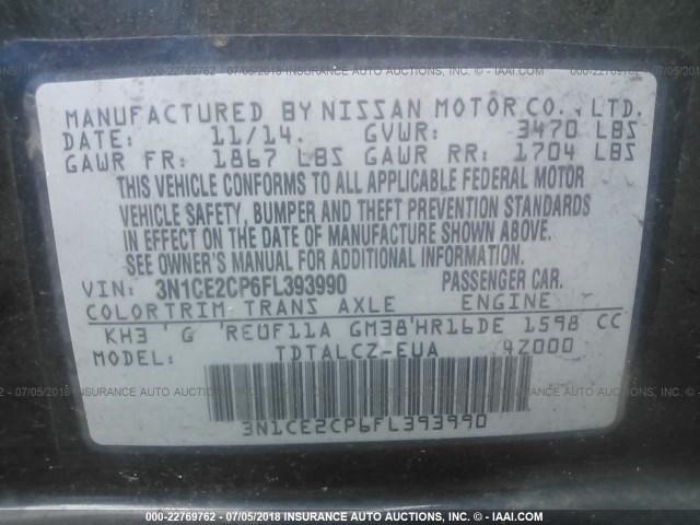 3N1CE2CP6FL393990 - 2015 NISSAN VERSA NOTE S/S PLUS/SV/SL/SR BLACK photo 9