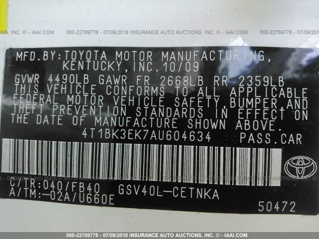 4T1BK3EK7AU604634 - 2010 TOYOTA CAMRY SE/LE/XLE WHITE photo 9