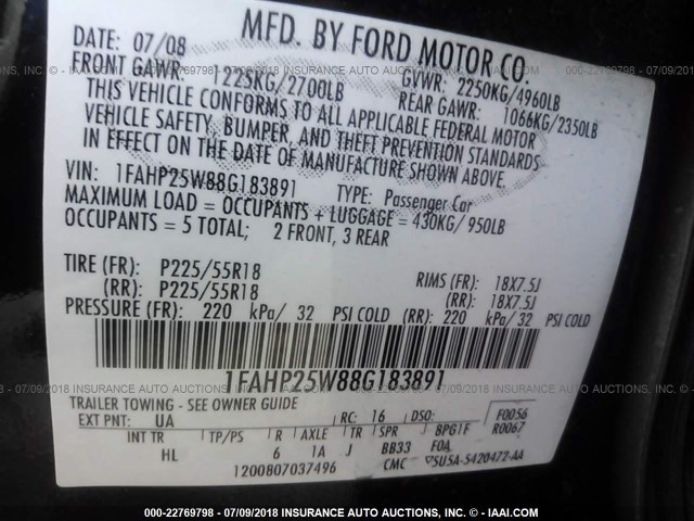 1FAHP25W88G183891 - 2008 FORD TAURUS LIMITED BLACK photo 9