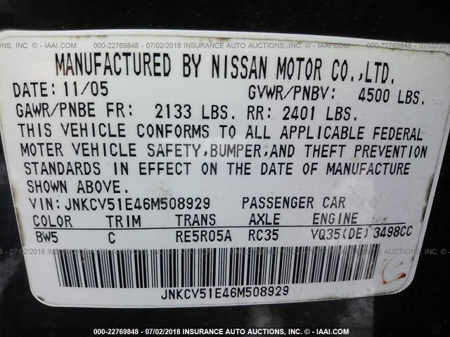 JNKCV51E46M508929 - 2006 INFINITI G35 BLUE photo 9