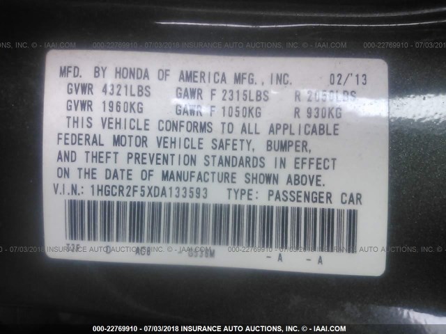 1HGCR2F5XDA133593 - 2013 HONDA ACCORD SPORT GRAY photo 9