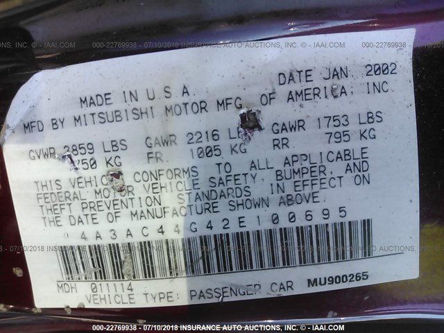 4A3AC44G42E100695 - 2002 MITSUBISHI ECLIPSE GS RED photo 9