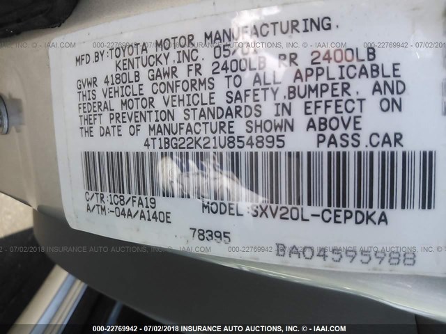 4T1BG22K21U854895 - 2001 TOYOTA CAMRY CE/LE/XLE GRAY photo 9