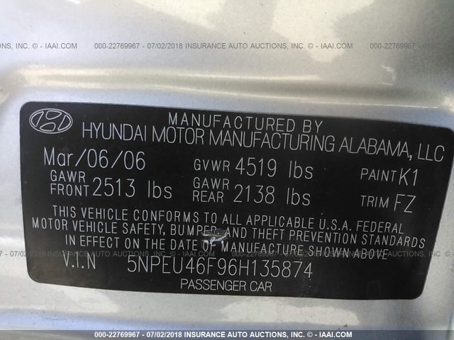 5NPEU46F96H135874 - 2006 HYUNDAI SONATA GLS/LX SILVER photo 9