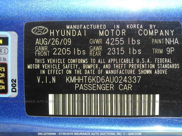 KMHHT6KD6AU024337 - 2010 HYUNDAI GENESIS COUPE 2.0T BLUE photo 9