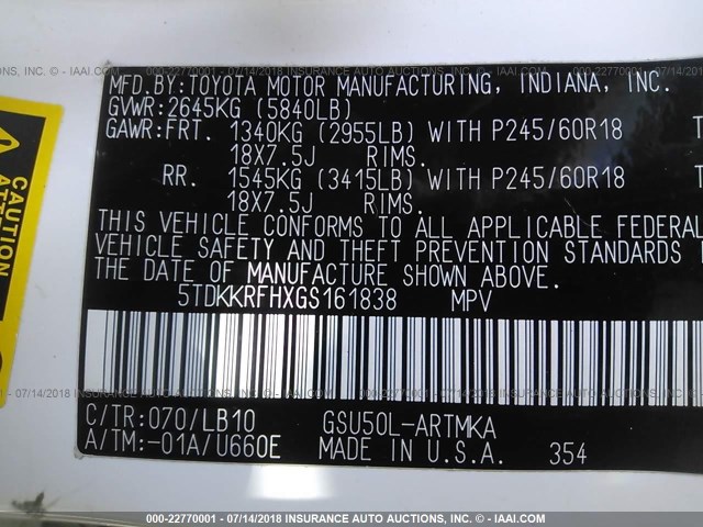 5TDKKRFHXGS161838 - 2016 TOYOTA HIGHLANDER XLE თეთრი ფოტო 9