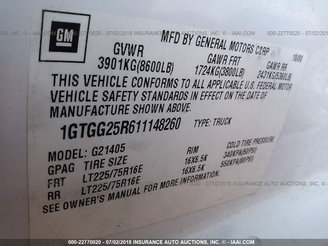 1GTGG25R611148260 - 2001 GMC SAVANA G2500 WHITE photo 9