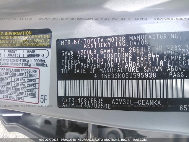 4T1BE32K05U595938 - 2005 TOYOTA CAMRY LE/XLE/SE ვერცხლისფერი ფოტო 9