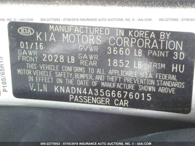 KNADN4A35G6676015 - 2016 KIA RIO EX/SX SILVER photo 9