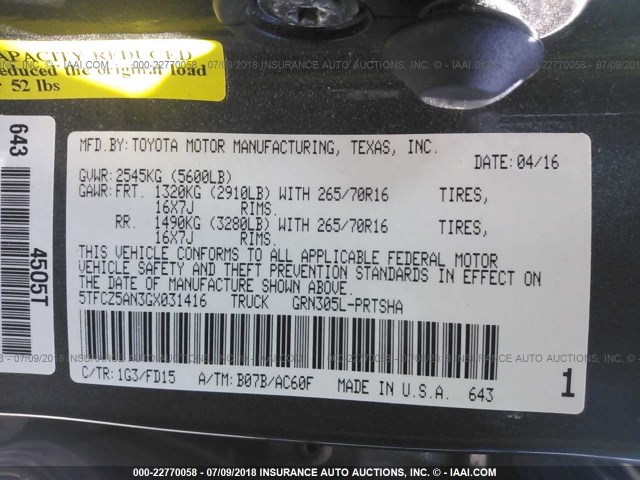 5TFCZ5AN3GX031416 - 2016 TOYOTA TACOMA DBL CAB/SR/SR5/TRD SPT/OR GRAY photo 9