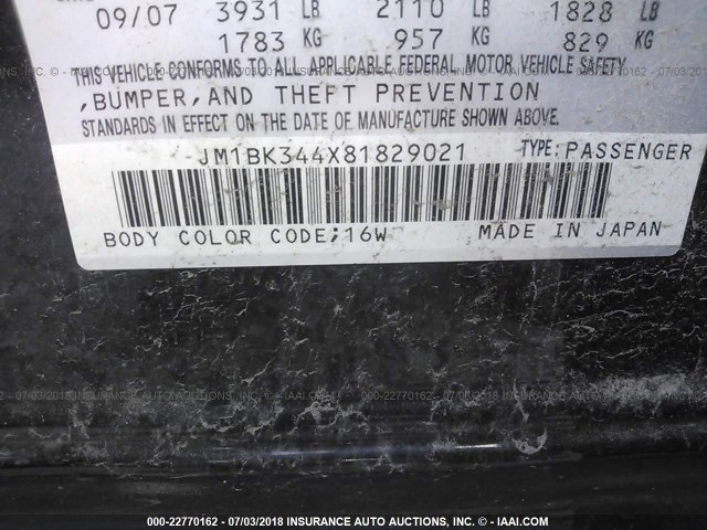 JM1BK344X81829021 - 2008 MAZDA 3 HATCHBACK BLACK photo 9