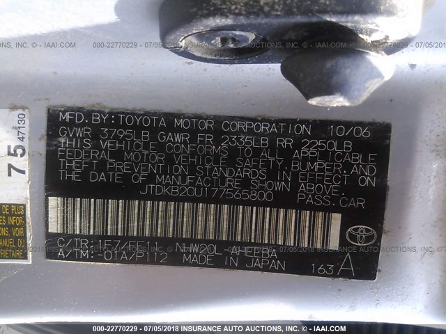 JTDKB20U177565800 - 2007 TOYOTA PRIUS SILVER photo 9