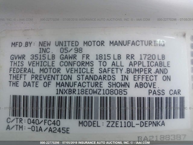 1NXBR18E0WZ108085 - 1998 TOYOTA COROLLA VE/CE/LE 白色 照片 9