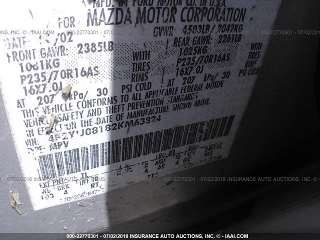 4F2YU08182KM63824 - 2002 MAZDA TRIBUTE LX/ES GRAY photo 9