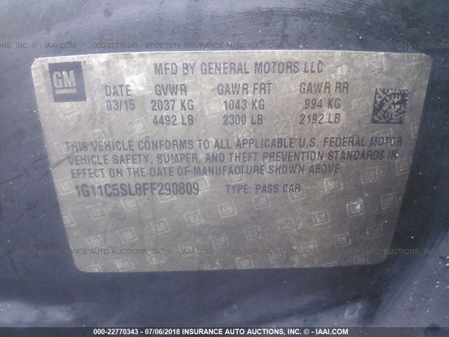 1G11C5SL8FF290809 - 2015 CHEVROLET MALIBU 1LT ნაცრისფერი ფოტო 9