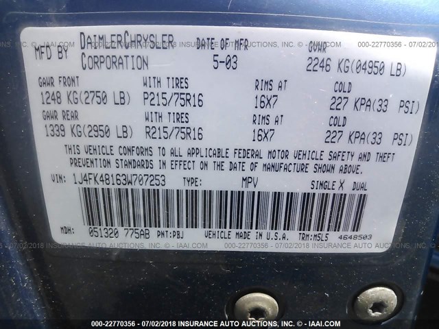 1J4FK48163W707253 - 2003 JEEP LIBERTY SPORT/FREEDOM ლურჯი ფოტო 9