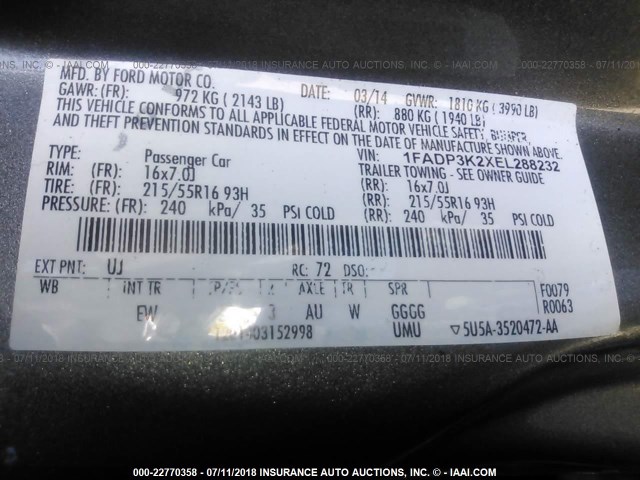 1FADP3K2XEL288232 - 2014 FORD FOCUS SE ნაცრისფერი ფოტო 9