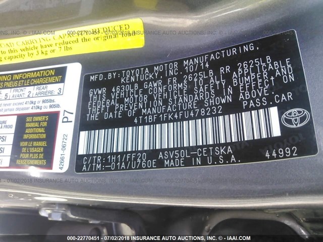 4T1BF1FK4FU478232 - 2015 TOYOTA CAMRY LE/XLE/SE/XSE GRAY photo 9