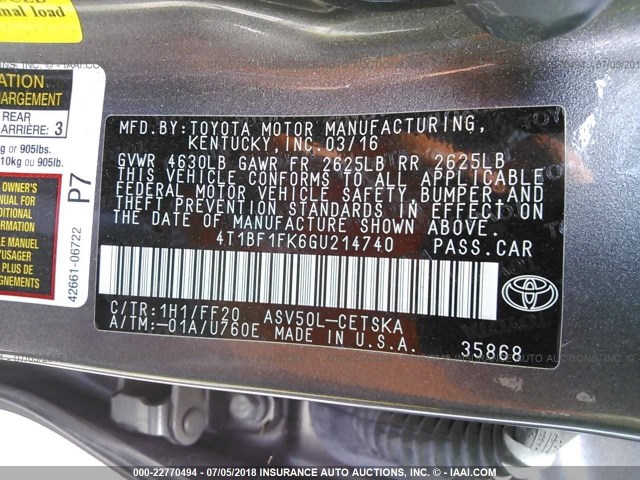 4T1BF1FK6GU214740 - 2016 TOYOTA CAMRY LE/XLE/SE/XSE 灰色 照片 9