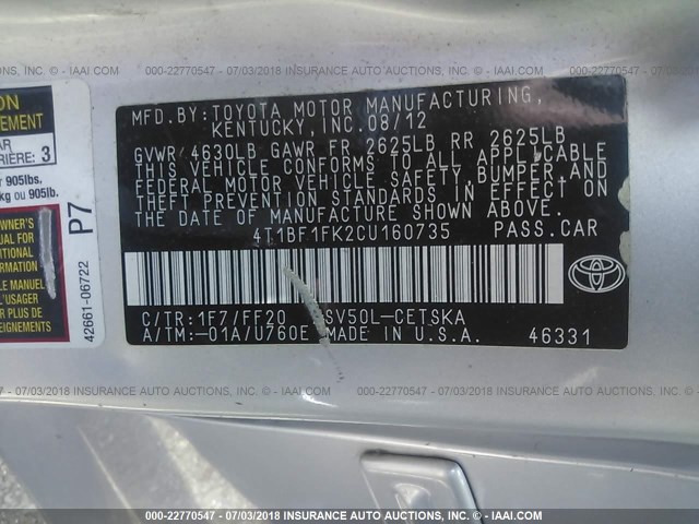 4T1BF1FK2CU160735 - 2012 TOYOTA CAMRY SE/LE/XLE SILVER photo 9