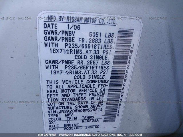 JN8AZ08W06W526514 - 2006 NISSAN MURANO SL/SE/S თეთრი ფოტო 9