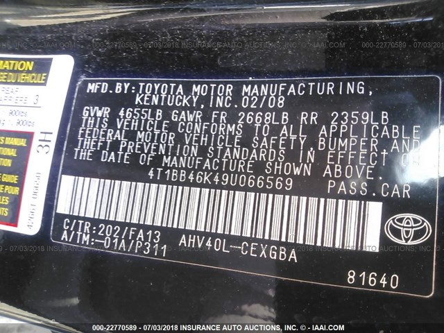 4T1BB46K49U066569 - 2009 TOYOTA CAMRY HYBRID BLACK photo 9