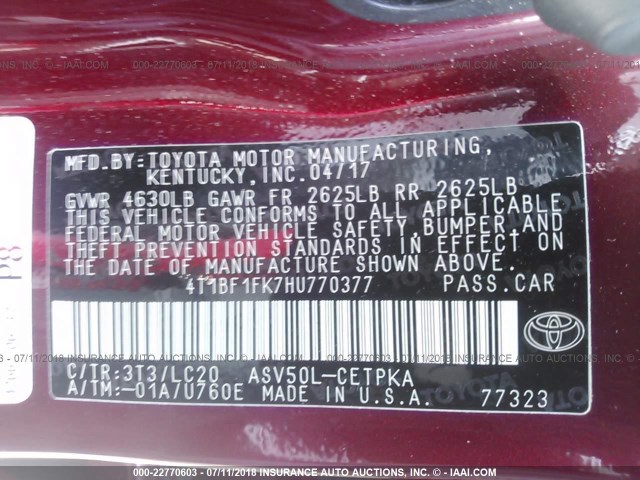 4T1BF1FK7HU770377 - 2017 TOYOTA CAMRY LE/XLE/SE/XSE 栗色 照片 9