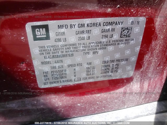 KL4CJBSB8GB697639 - 2016 BUICK ENCORE CONVENIENCE 红色 照片 9