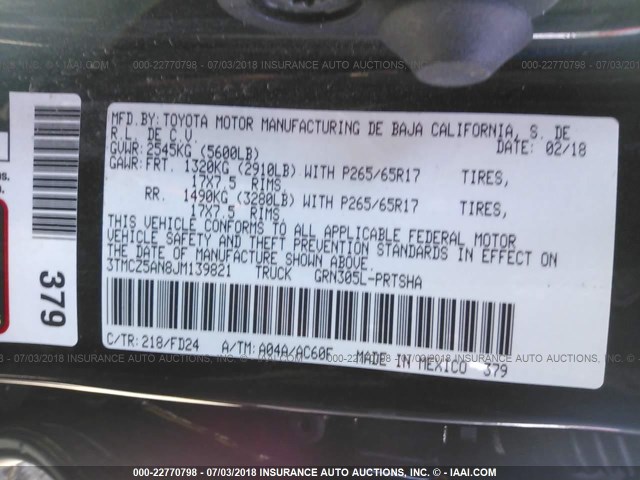 3TMCZ5AN8JM139821 - 2018 TOYOTA TACOMA DBL CAB/SR/TRDSPT/OR/PRO შავი ფოტო 9