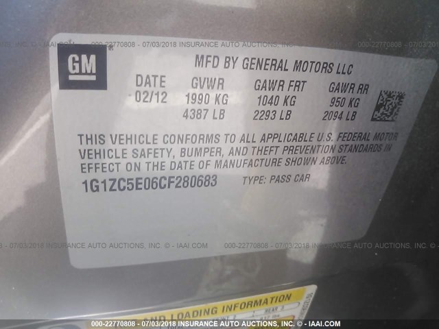 1G1ZC5E06CF280683 - 2012 CHEVROLET MALIBU 1LT 灰色 照片 9