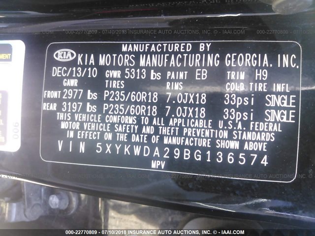 5XYKWDA29BG136574 - 2011 KIA SORENTO SX BLACK photo 9