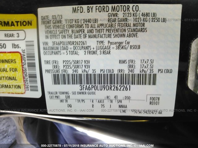 3FA6P0LU9DR262261 - 2013 FORD FUSION SE HYBRID BLACK photo 9